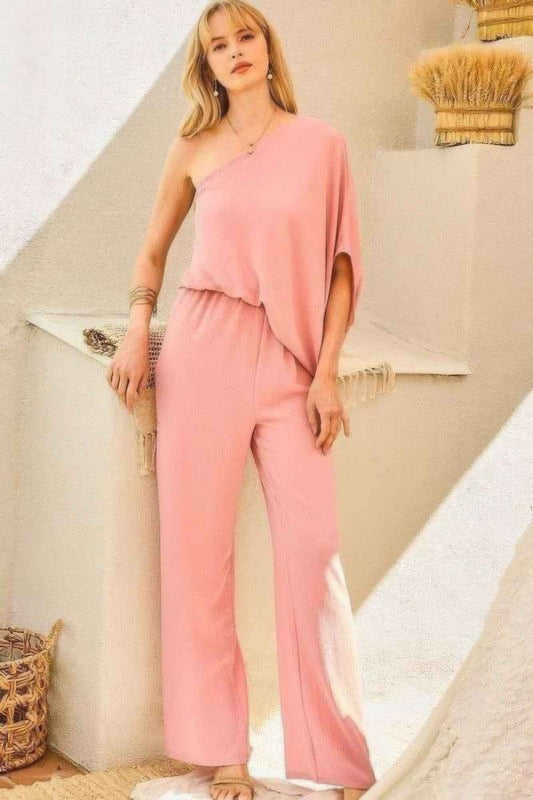 One Shoulder 3/4 Sleeve Unbalanced Waist Elastic Solid Pants Jumpsuit – multicolor, fashion, women style