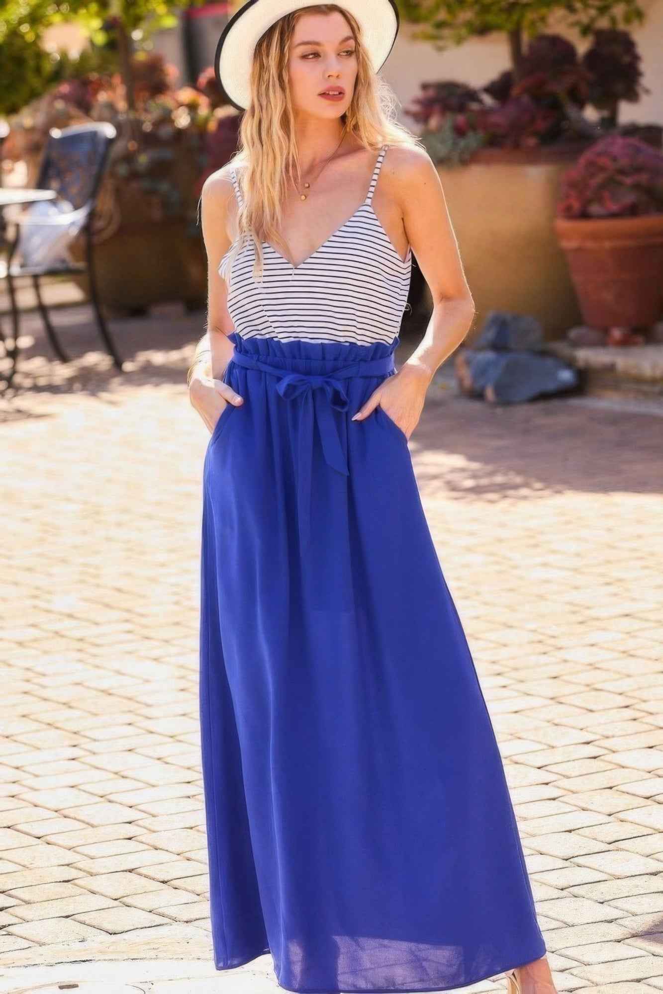 Sale - Striped Print Cami Sol Top Hi-waist Skirt Side Pocket Maxi Dress – On Sale Now