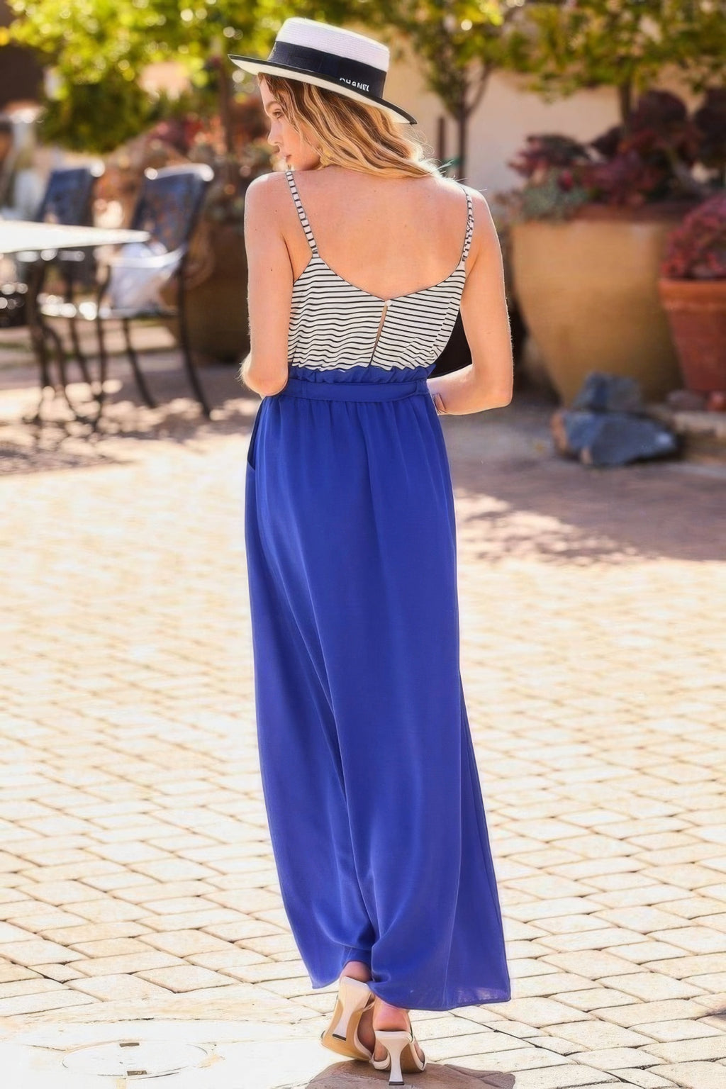 Striped Print Cami Sol Top Hi-waist Skirt Side Pocket Maxi Dress-Product Type | Naughty Smile Fashion