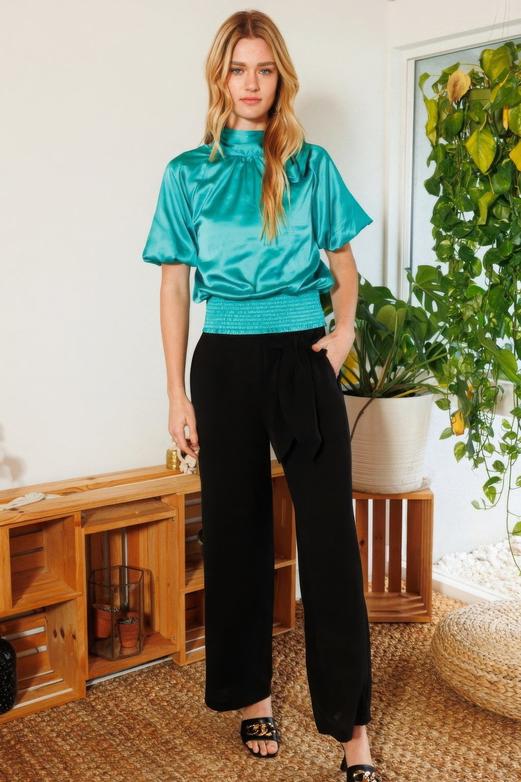 Waist Smocked Solid Satin Blouse-Product Type | Naughty Smile Fashion