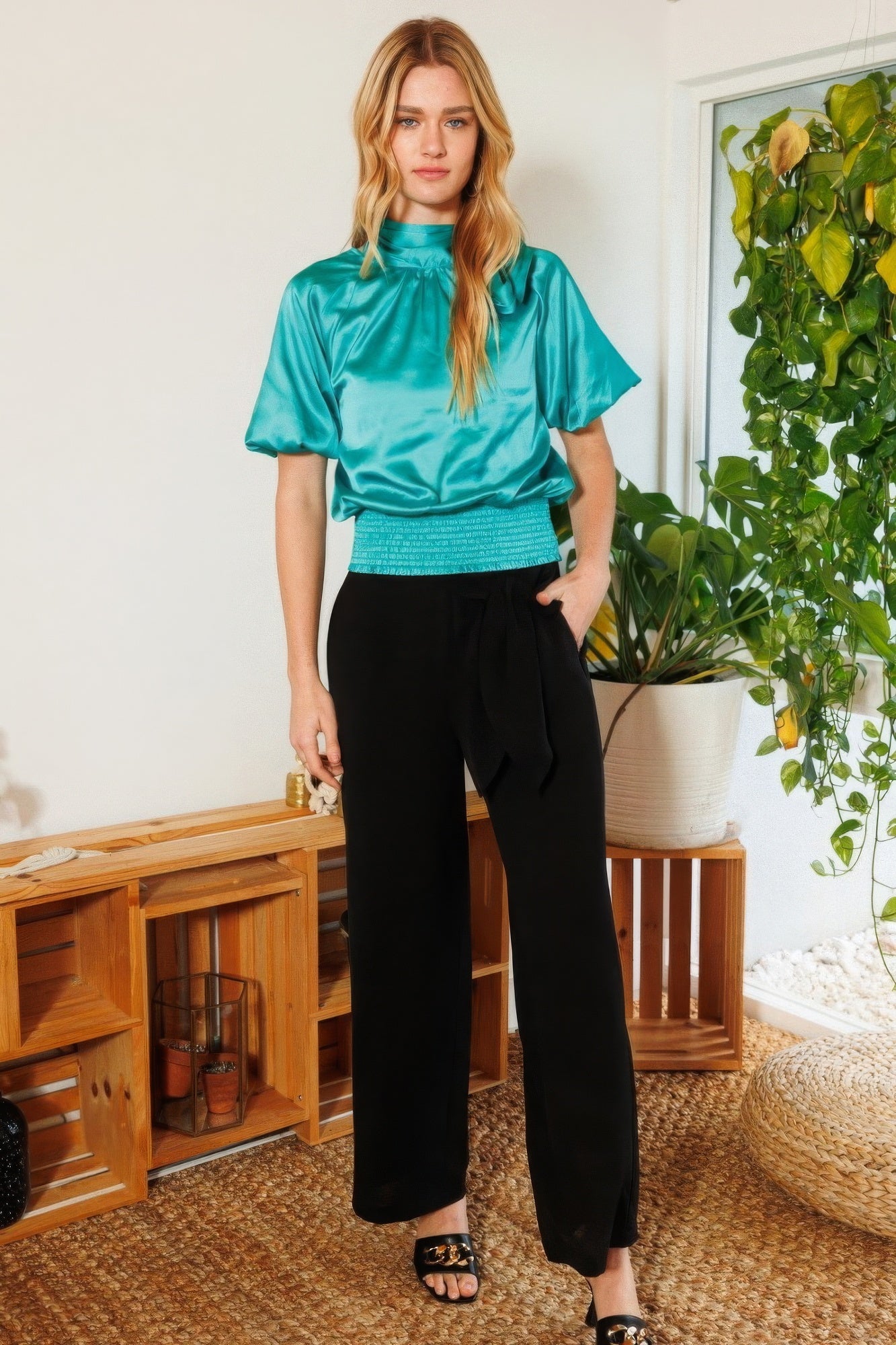 Waist Smocked Solid Satin Blouse-Product Type | Naughty Smile Fashion