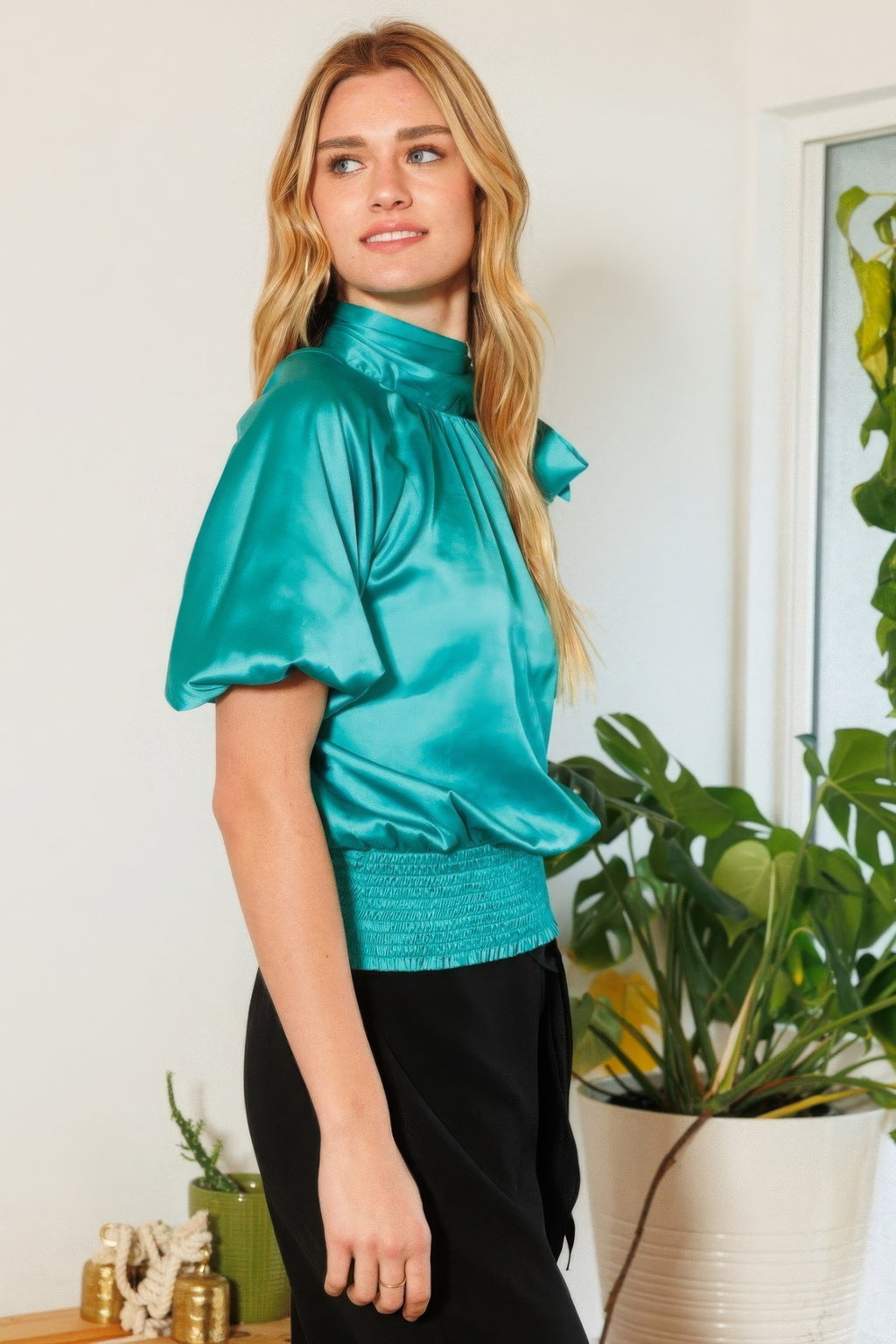 Waist Smocked Solid Satin Blouse-Product Type | Naughty Smile Fashion