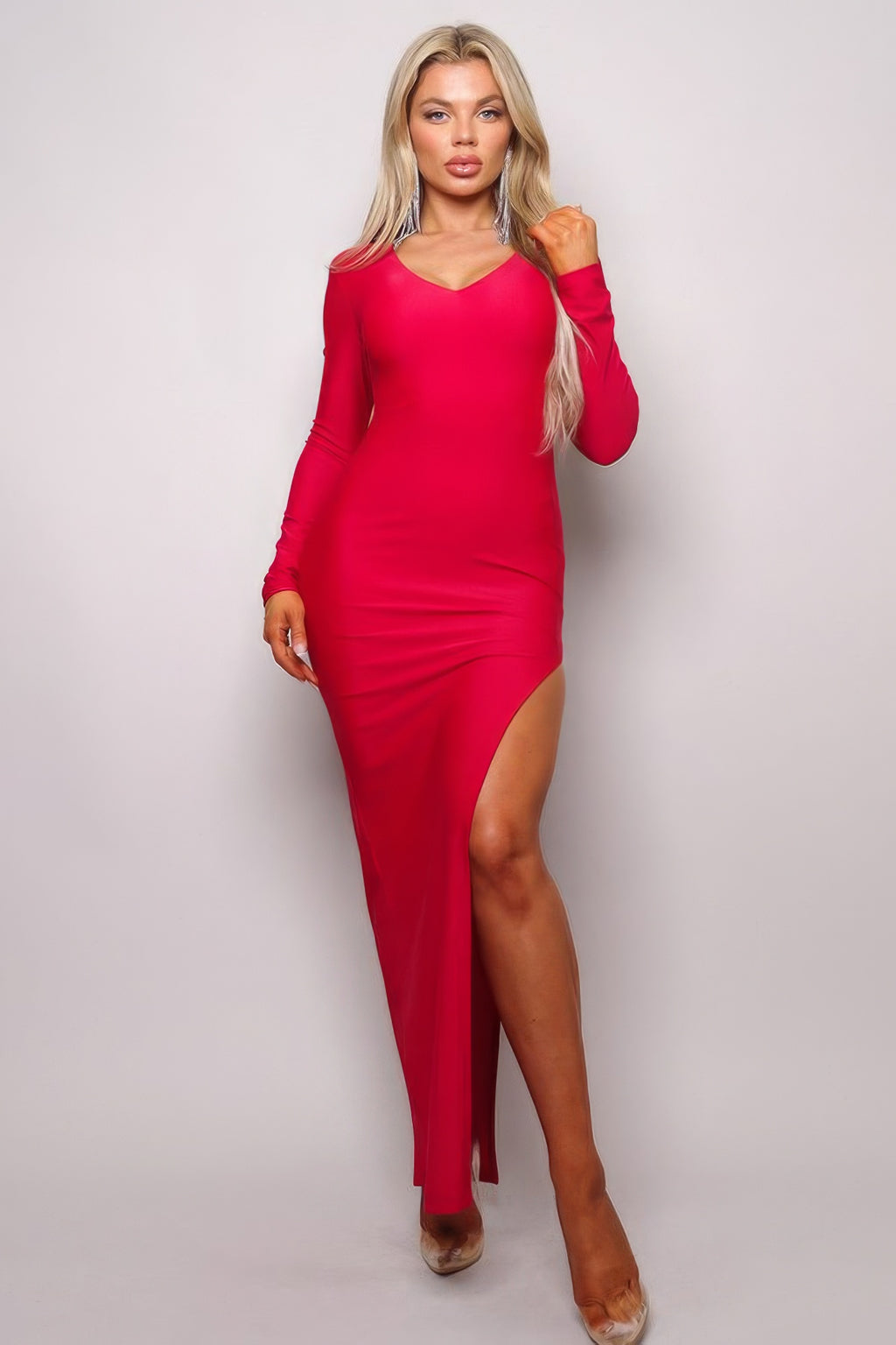 Long Sleeve V Neck Open Back Maxi Dress-Product Type | Naughty Smile Fashion