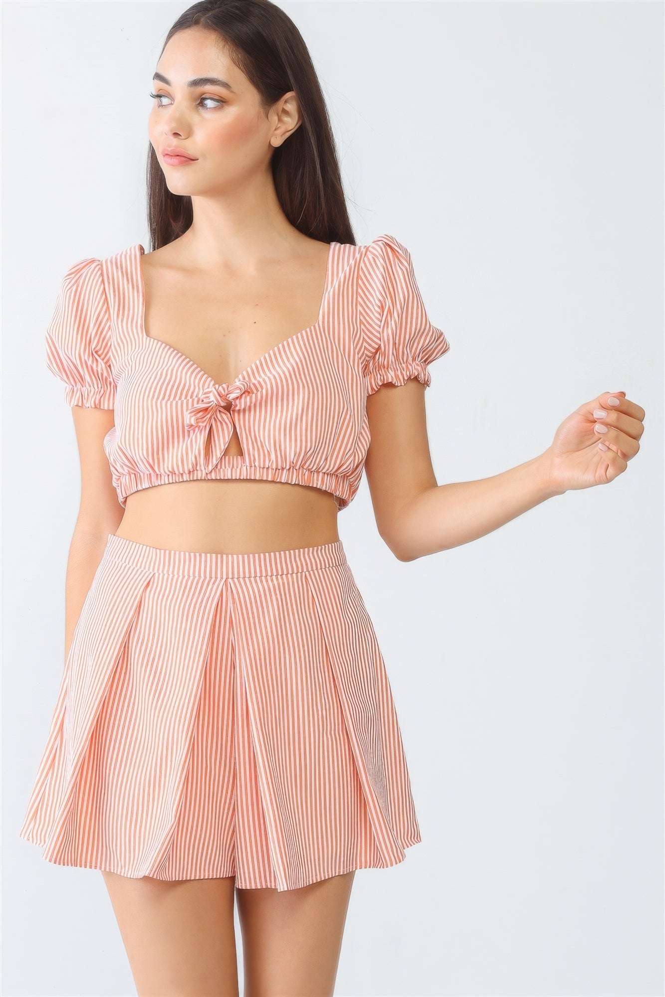 Sale - White & Orange Stripe Print Self-tie Short Sleeve Crop Top & High Waist Shorts Set – On Sale Now