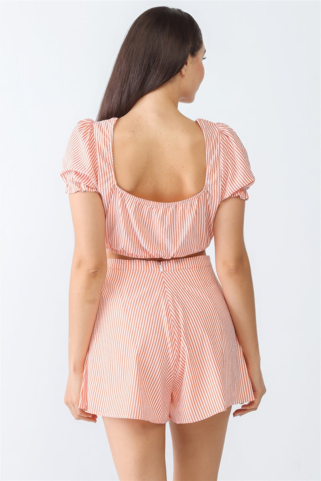 White & Orange Stripe Print Self-tie Short Sleeve Crop Top & High Waist Shorts Set-Product Type | Naughty Smile Fashion
