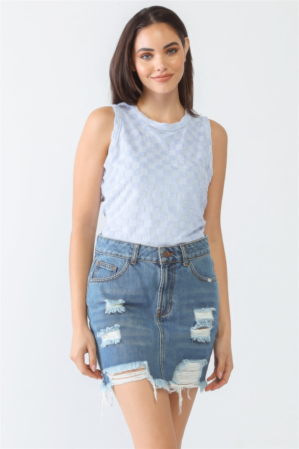 Baby Blue Chess Cage Print Cotton Blend Sleeveless Bodysuit-Product Type | Naughty Smile Fashion