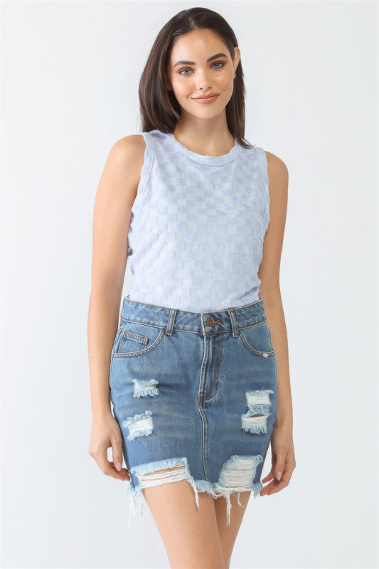 Sale - Baby Blue Chess Cage Print Cotton Blend Sleeveless Bodysuit – On Sale Now