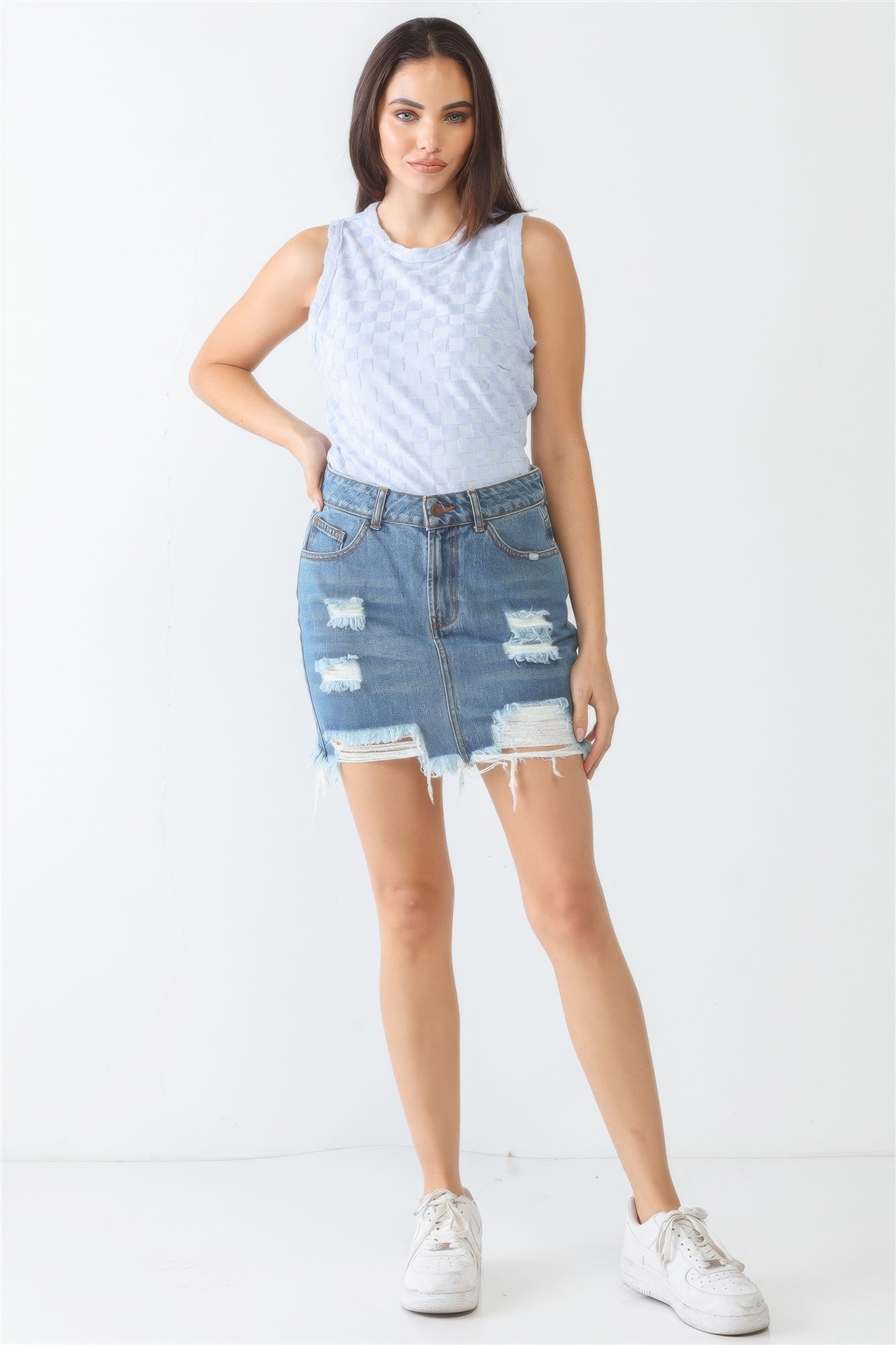 Baby Blue Chess Cage Print Cotton Blend Sleeveless Bodysuit-Product Type | Naughty Smile Fashion