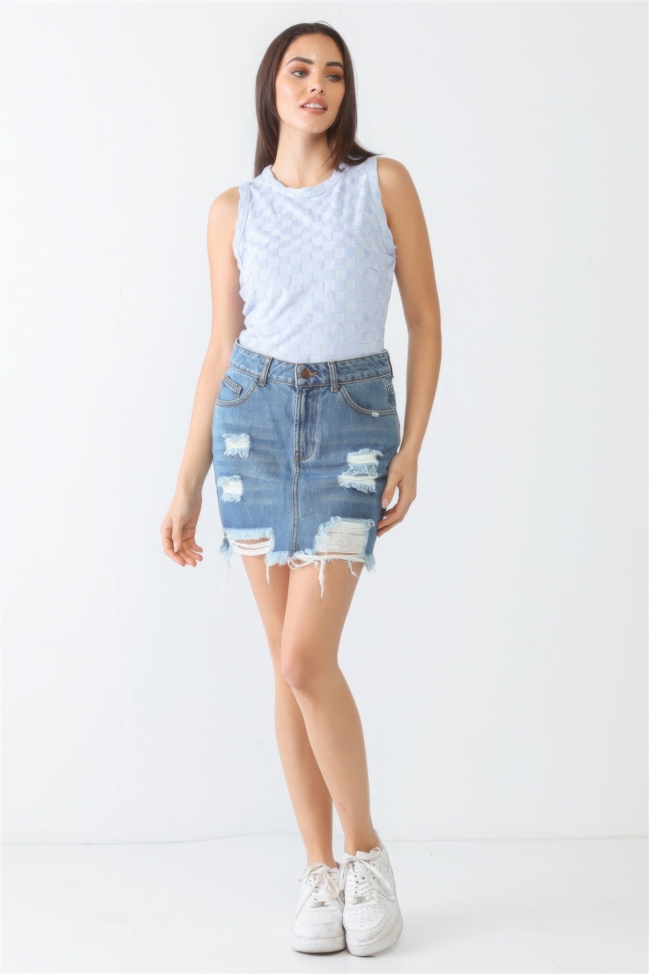 Baby Blue Chess Cage Print Cotton Blend Sleeveless Bodysuit-Product Type | Naughty Smile Fashion