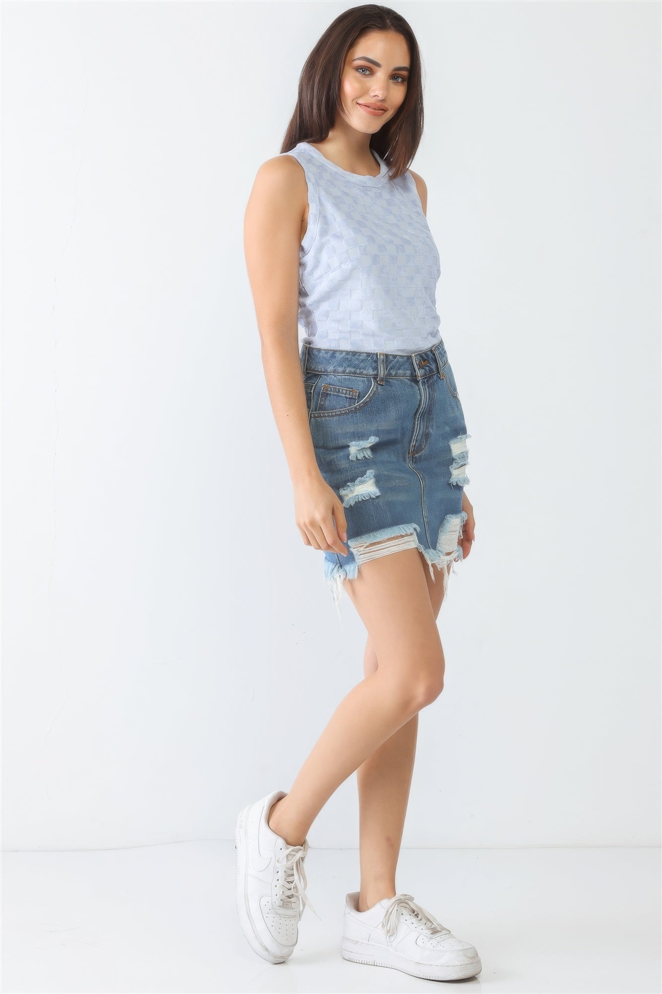 Baby Blue Chess Cage Print Cotton Blend Sleeveless Bodysuit-Product Type | Naughty Smile Fashion