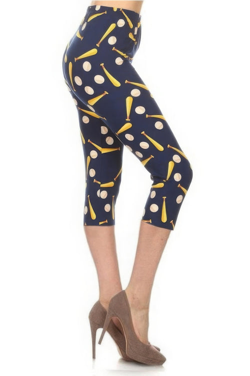 Baseball Printed, High Waisted Capri Leggings In A Fitted Style With An Elastic Waistband-Product Type | Naughty Smile Fashion