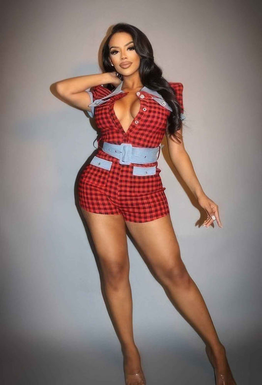 Plaid Print Denim Romper – red, fashion, women style