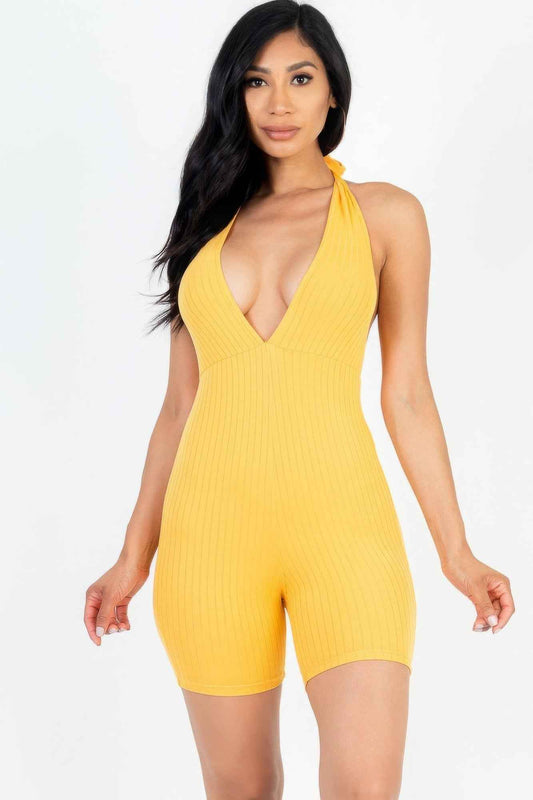Casual Solid Halter V Neck Ribbed Bodycon Romper – multicolor, fashion, women style
