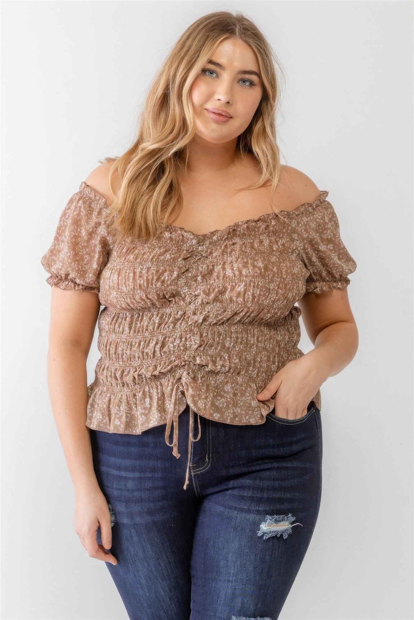 Plus Size Plus Floral Chiffon Ruched Smocked Off-the-shoulder Top – Stylish & Comfortable – men’s fashion, stylish and versatile