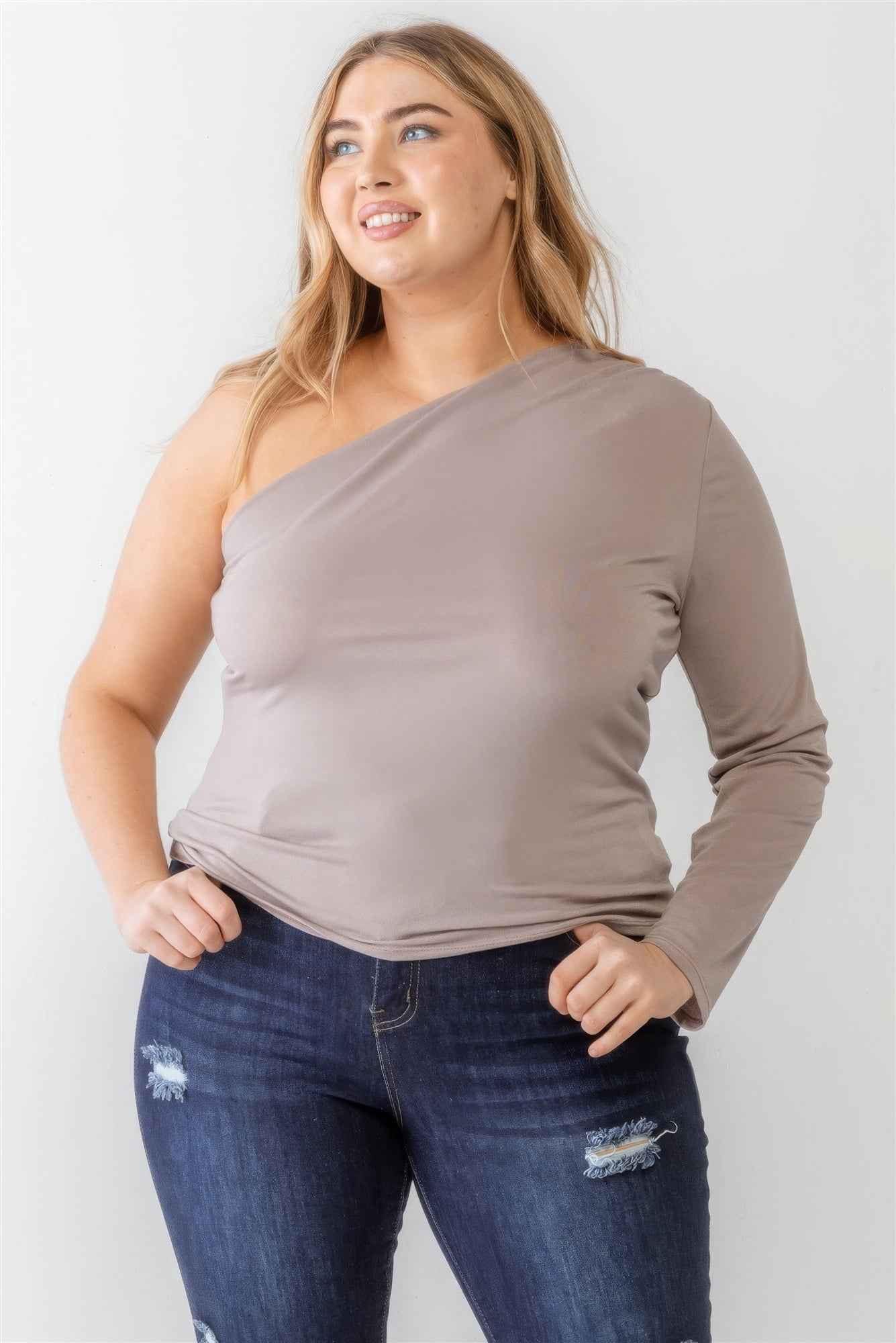Plus Size Plus Mocha Textured One Shoulder Top – Stylish & Comfortable – men’s fashion, stylish and versatile
