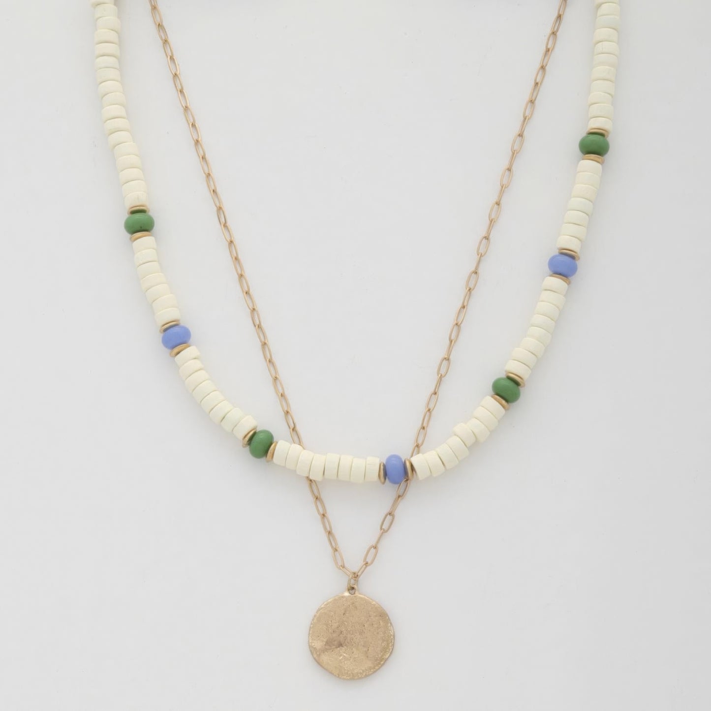 Coin Wood Bead Layered Necklace