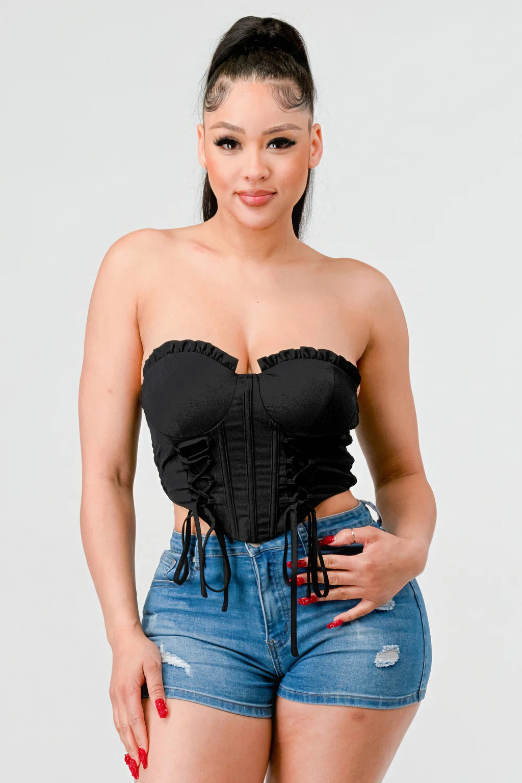 Luxe sweetheart ruffled drawstring lace bustier top-Product Type | Naughty Smile Fashion