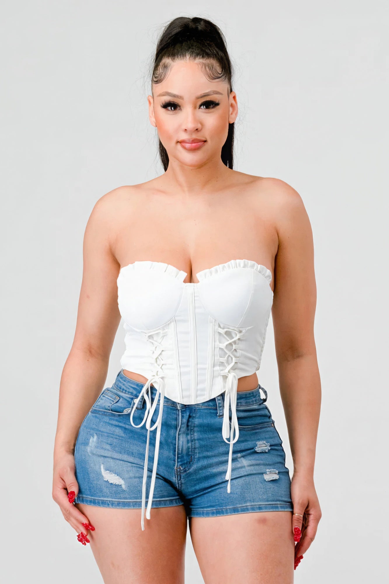 Sale - Luxe sweetheart ruffled drawstring lace bustier top – On Sale Now