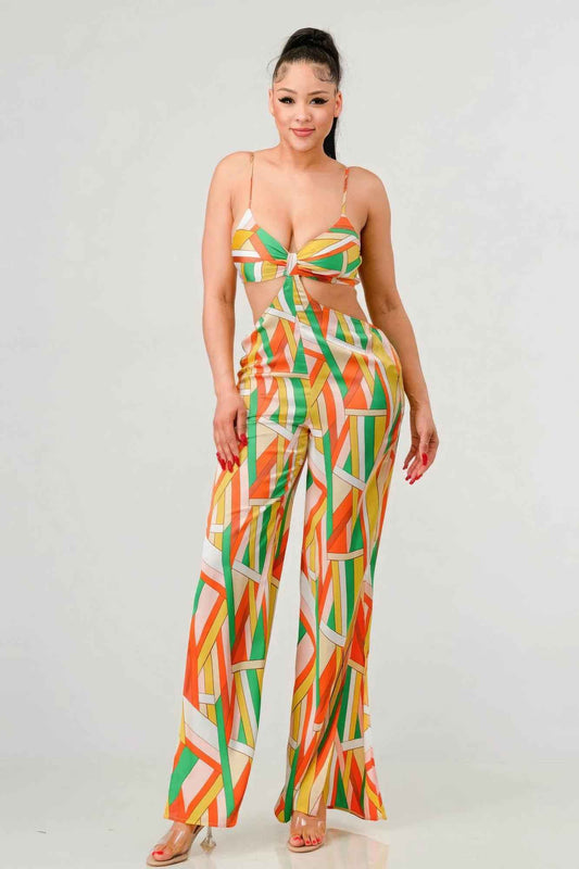 Sale - Luxe geo print satin bra top and palazzo jumpsuit – On Sale Now
