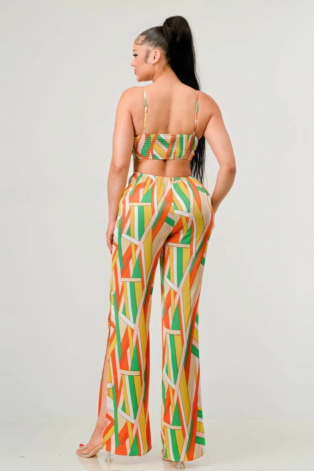 Luxe geo print satin bra top and palazzo jumpsuit-Product Type | Naughty Smile Fashion