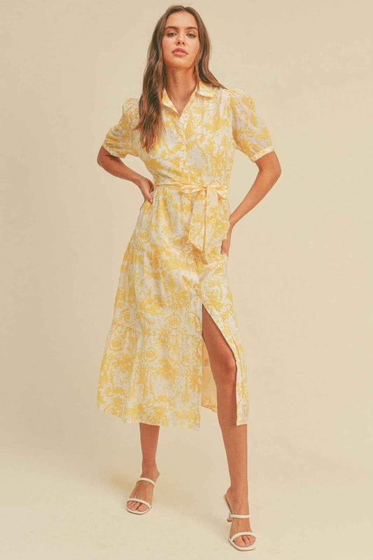Sale - Button closure waist belt puff sleeve dress – On Sale Now