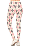 High-waisted yoga leggings with pink, gray, and cream argyle print pattern, showcasing a comfortable and stylish design for versatile wear during exercise or casual activities.