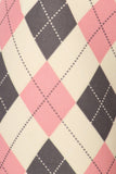 Stylish argyle pattern in pink, gray, and cream on yoga leggings fabric, featuring diamond shapes and dotted lines for a trendy, feminine look