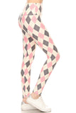 Side view of high-waisted yoga leggings featuring pink, gray, and cream argyle pattern, showcasing the form-fitting design and full-length coverage on a mannequin leg.