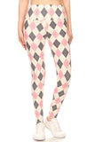 Stylish high-waisted yoga leggings with pink and gray argyle print pattern, offering a comfortable and flattering fit for various activities and casual wear