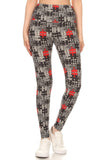 High-waisted yoga leggings with black, white, and red puzzle print design. Form-fitting style showcasing unique pattern and comfortable fit for active wear or casual outfits.