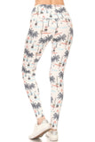 High-waisted yoga leggings with nautical sailor print featuring palm trees, sailboats, and ocean waves in gray, coral, and blue tones on a white background. Form-fitting design showcasing the back view.