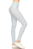 High-waisted yoga leggings with light gray speckled pattern, full-length design, and form-fitting silhouette. Model wearing white sneakers, showcasing the leggings' slim fit and stretchy material.