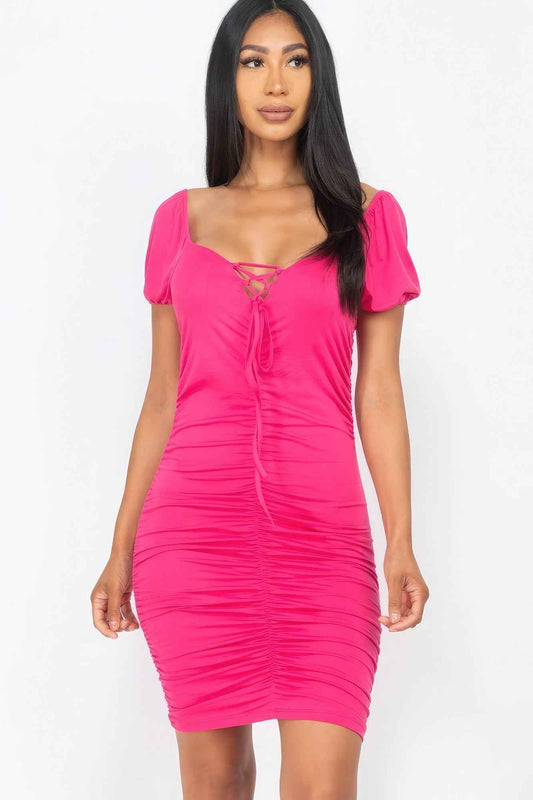 Sale - Front Lace Up Ruched Mini Dress – On Sale Now