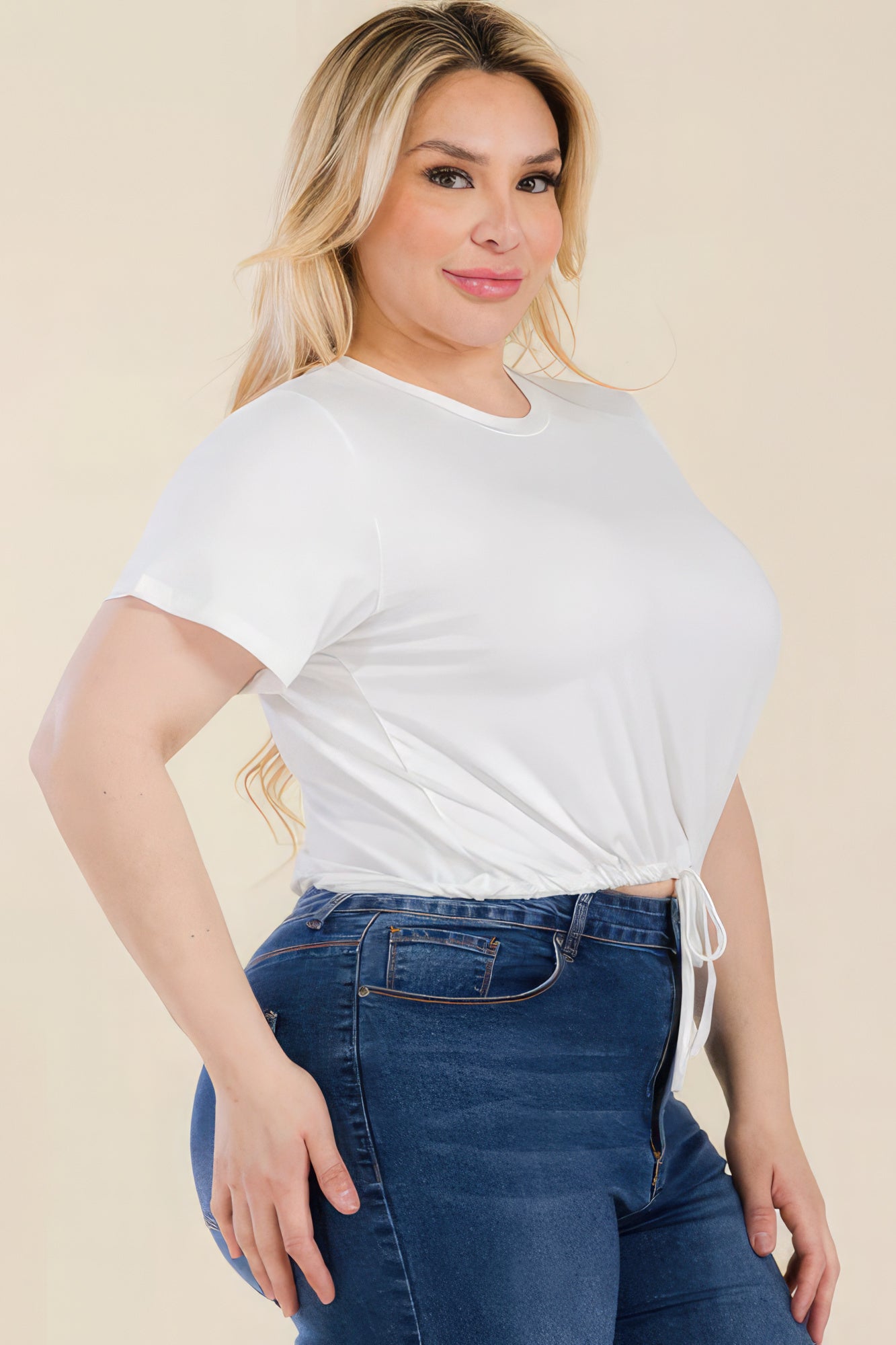 Plus Size Tie Front Drawstring Short Sleeve Crop Top