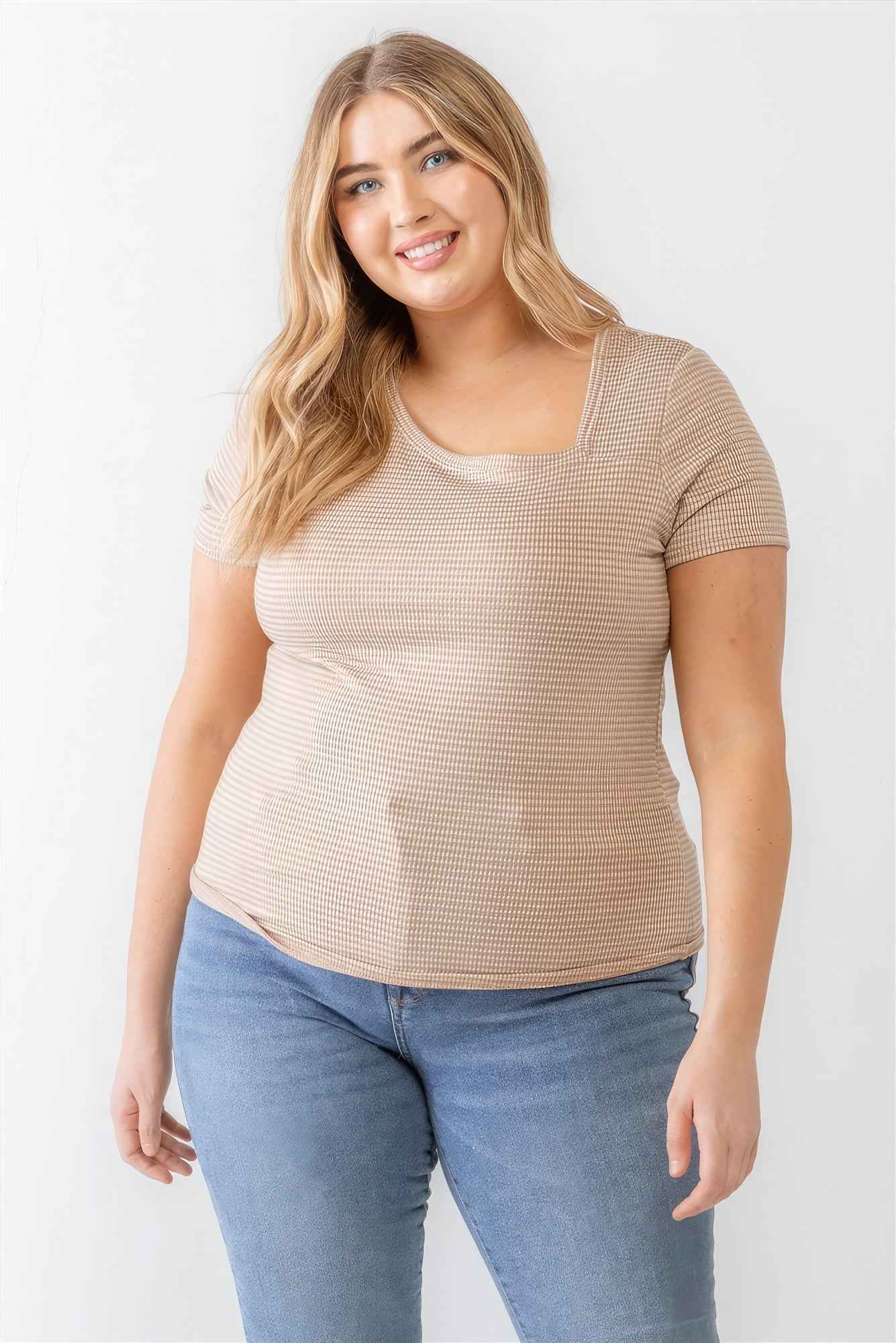 Plus Size Plus Taupe Waffle Knit Angled Neck Short Sleeve Top – Stylish & Comfortable – men’s fashion, stylish and versatile
