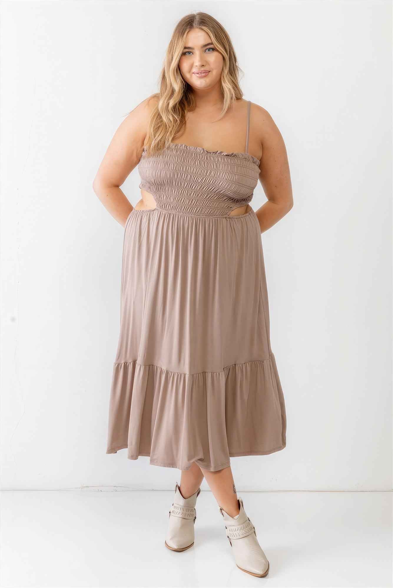 Plus Size Plus Smocked Cut-out Strappy Flare Hem Midi Dress – Stylish & Comfortable – men’s fashion, stylish and versatile