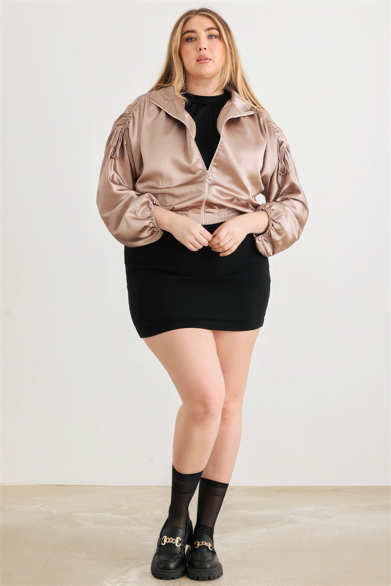 Plus Satin Zip-up Ruched Long Sleeve Cropped Bomber Jacket