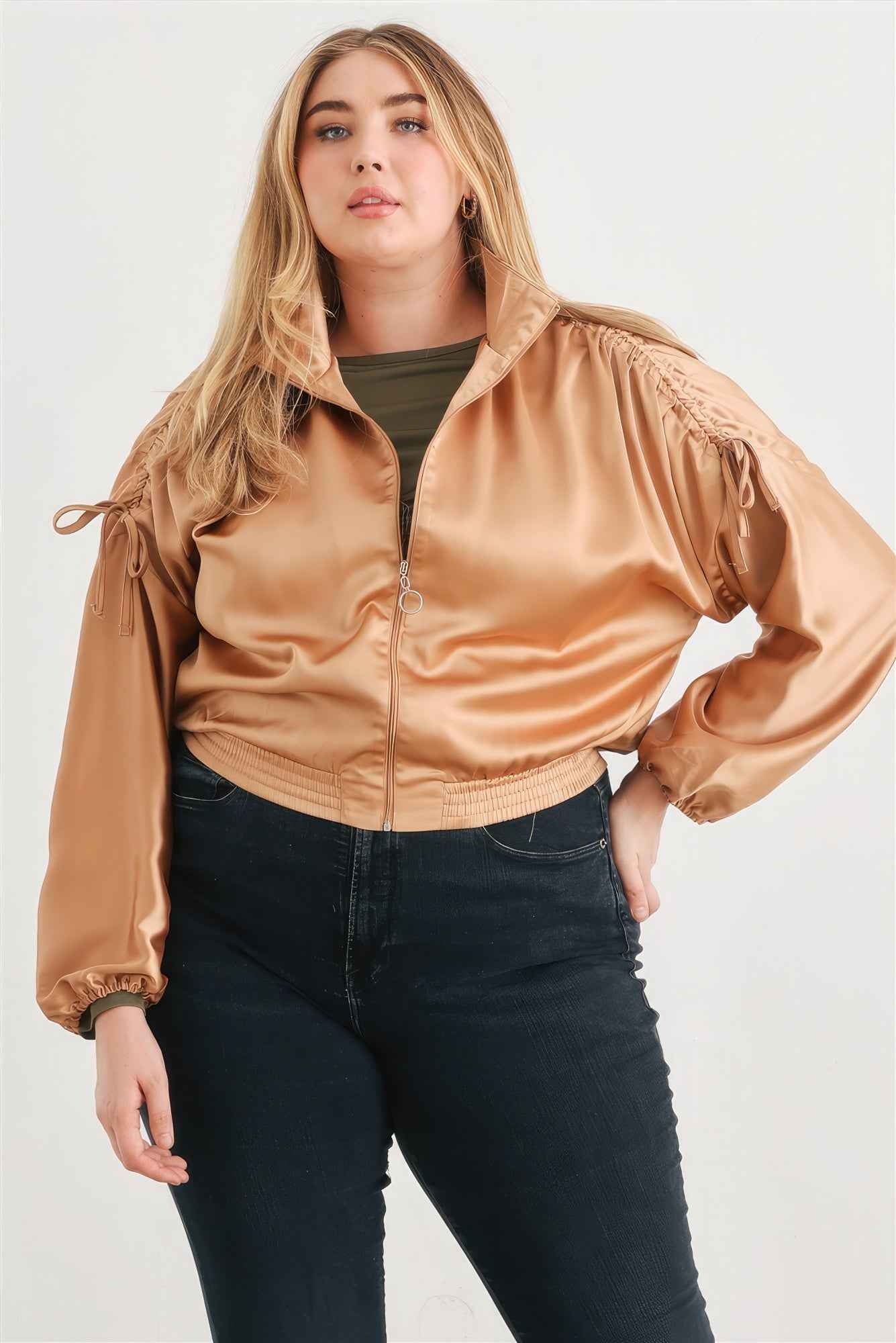 Plus Size Plus Satin Zip-up Ruched Long Sleeve Cropped Bomber Jacket – Stylish & Comfortable – men’s fashion, stylish and versatile