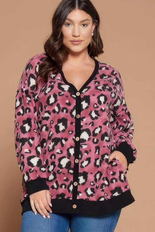 Plus Size Cozy Animal Mir Print With Brush Button Up Cardigan