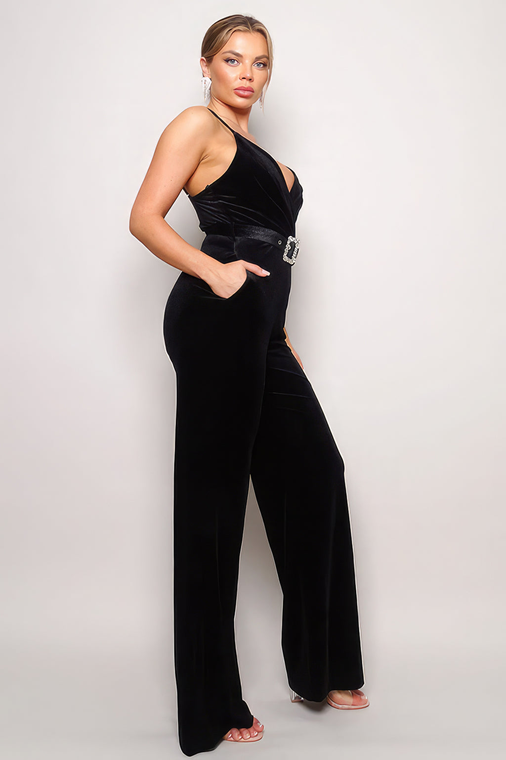Samba Rhinestone Belt Velvet Jumpsuit-Product Type | Naughty Smile Fashion