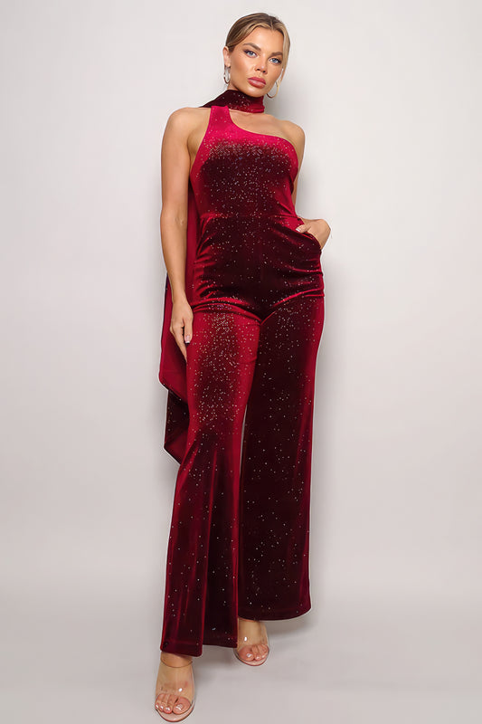 Sale - Scarf Top Glitter Velvet Jumpsuit – On Sale Now