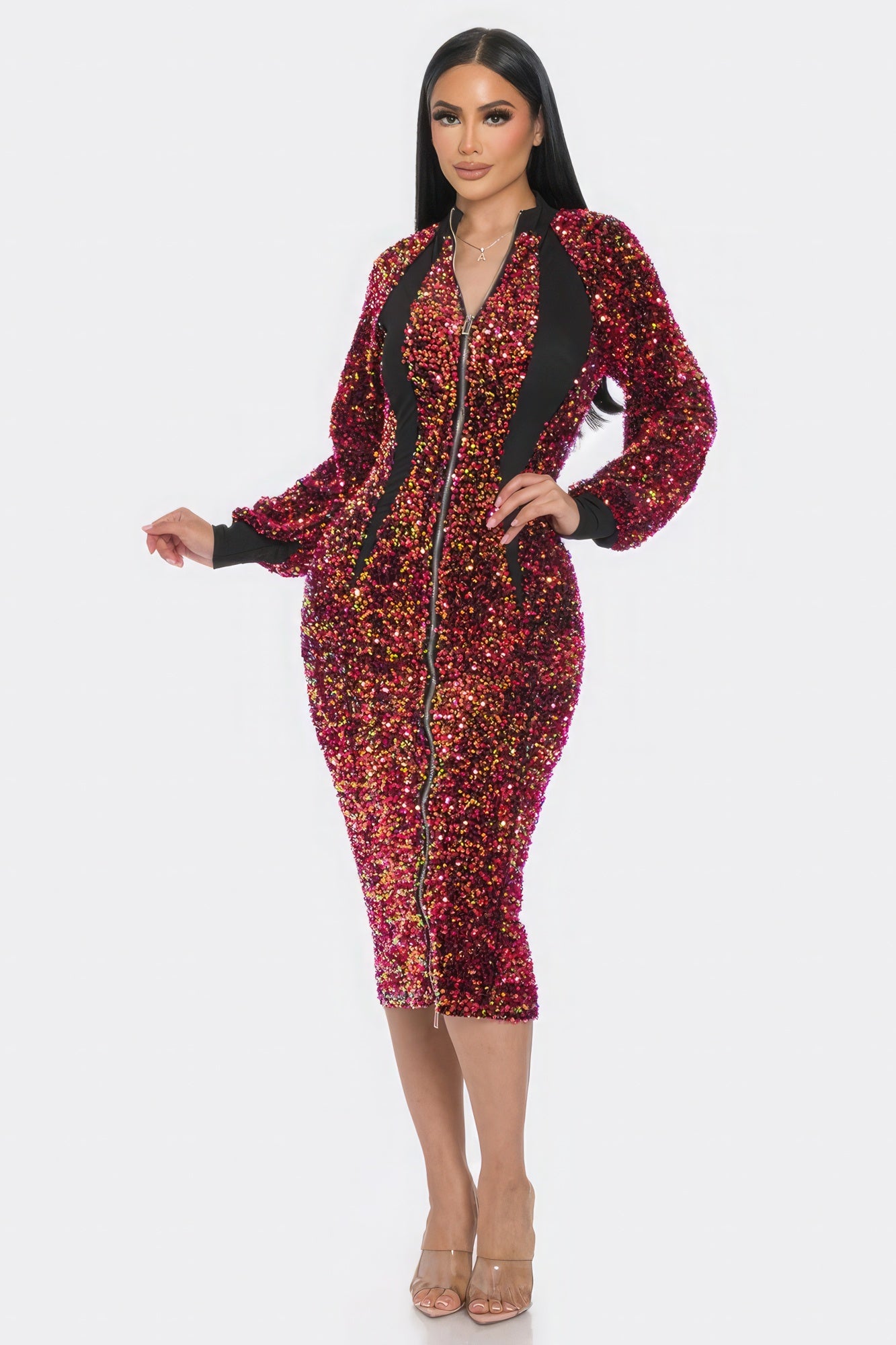 Midi 2 Way Zip Up Sequin Contrast Dress-Product Type | Naughty Smile Fashion