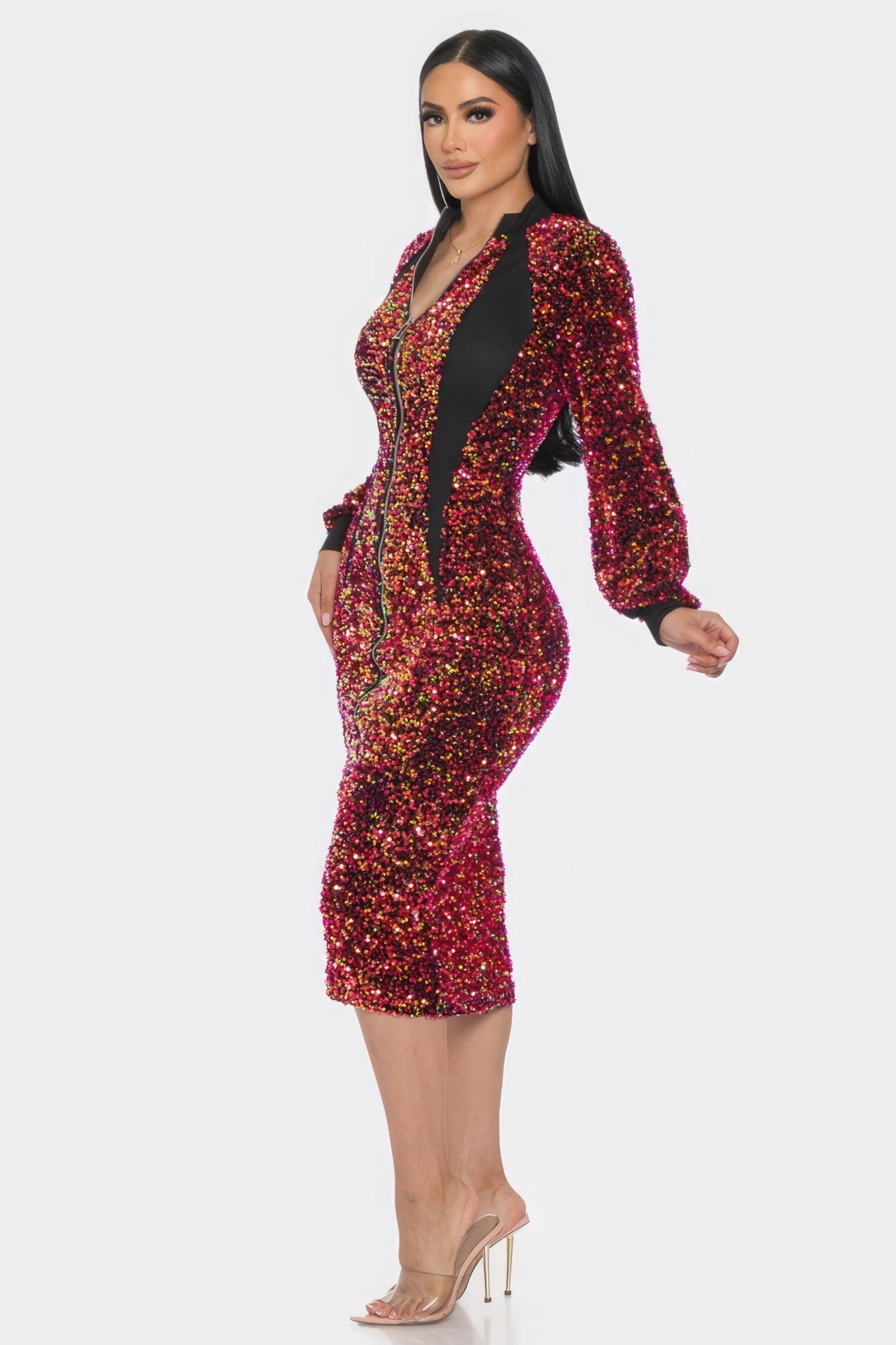 Midi 2 Way Zip Up Sequin Contrast Dress-Product Type | Naughty Smile Fashion