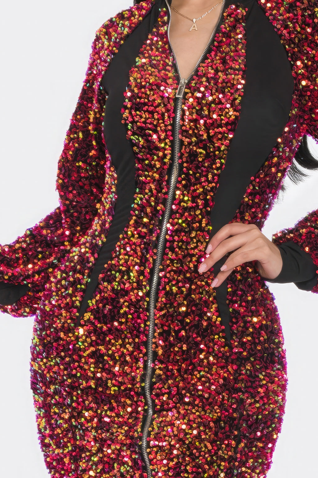 Midi 2 Way Zip Up Sequin Contrast Dress-Product Type | Naughty Smile Fashion