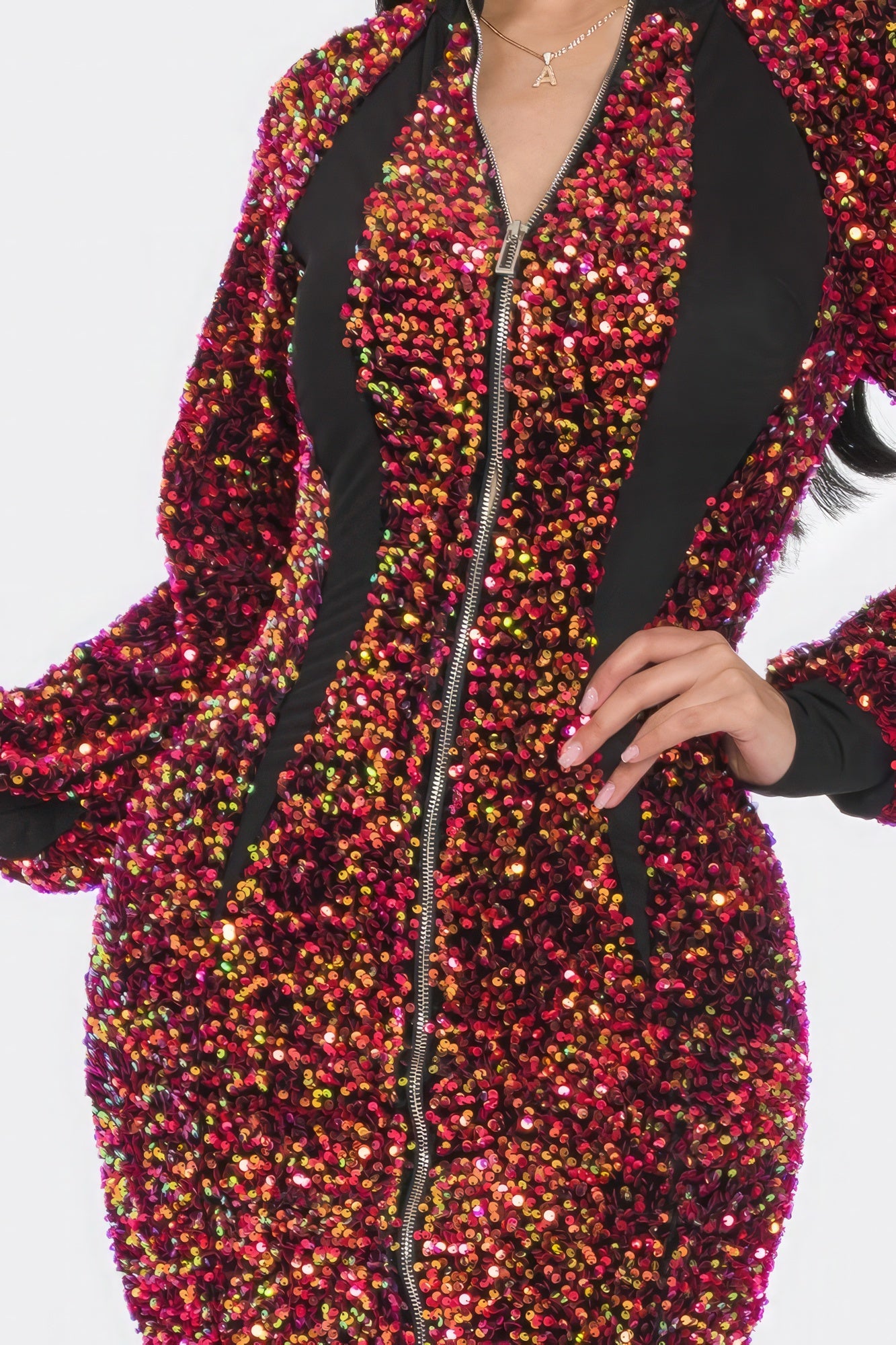 Midi 2 Way Zip Up Sequin Contrast Dress-Product Type | Naughty Smile Fashion