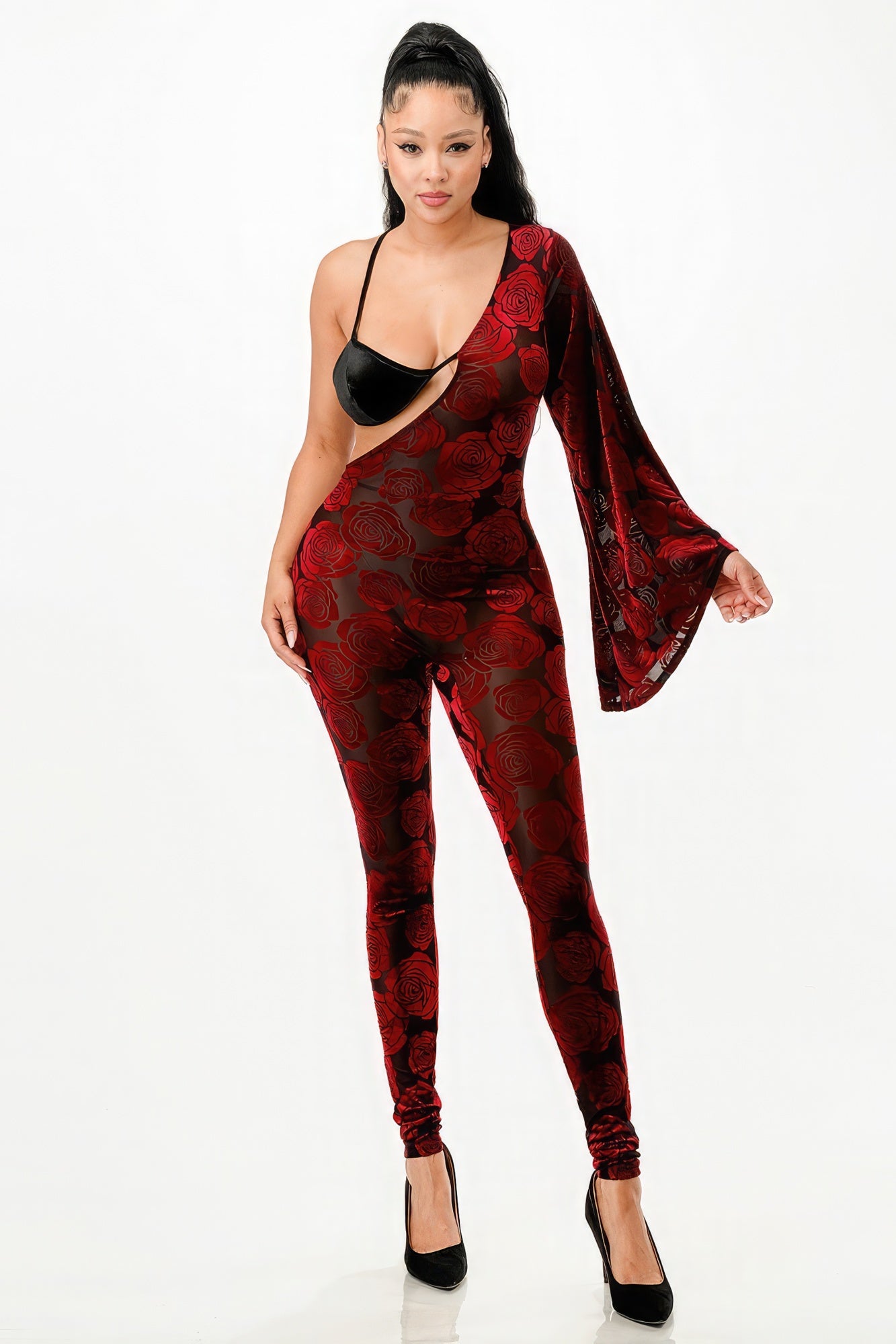 Velvet Flocking Jumpsuit/bell Sleeve – multicolor, fashion, women style