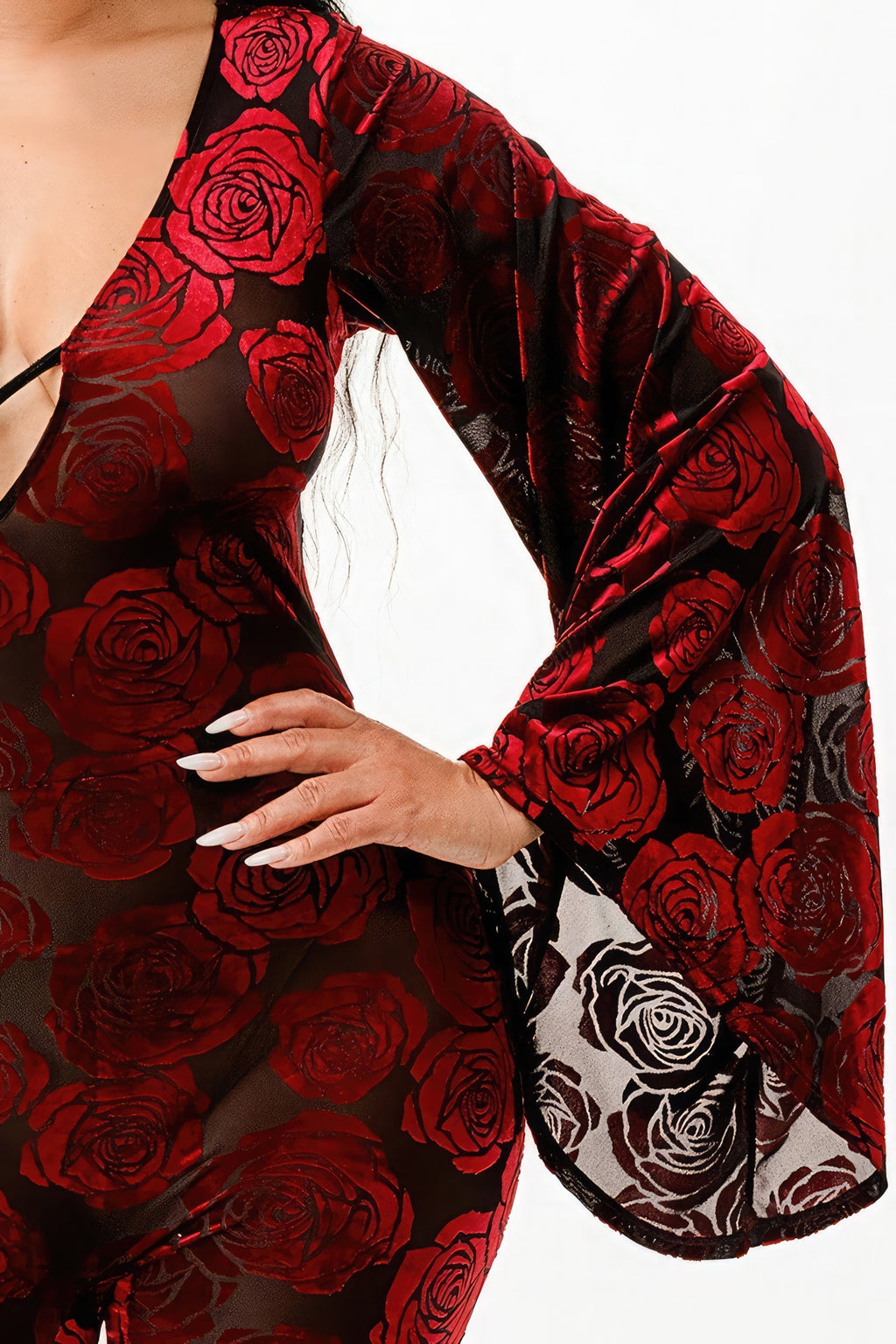 Velvet Flocking Jumpsuit/bell Sleeve-Product Type | Naughty Smile Fashion