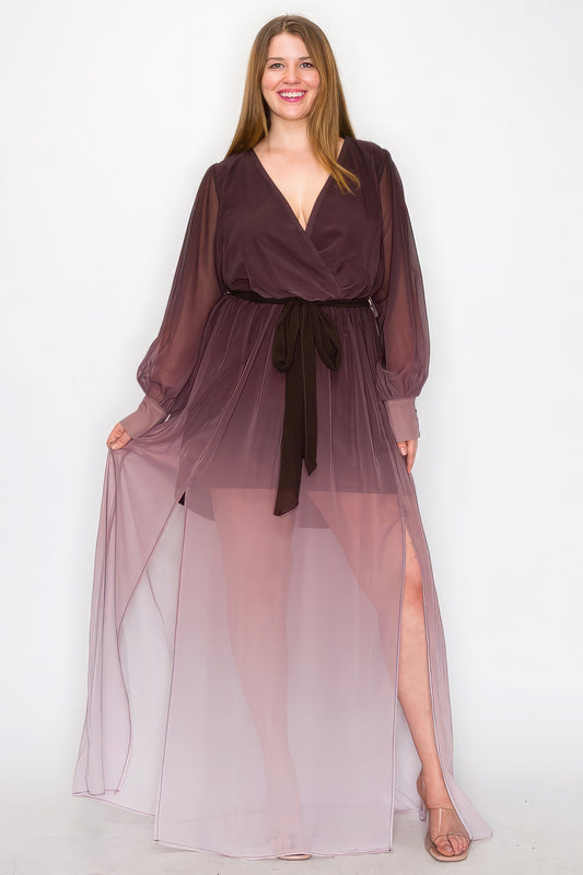 Plus Size Ombre Chiffon Wrap Front Long Sleeve Tie Waist Slit Front Maxi Dress – Stylish & Comfortable – men’s fashion, stylish and versatile