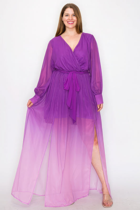 Plus Size Ombre Chiffon Wrap Front Long Sleeve Tie Waist Slit Front Maxi Dress – Stylish & Comfortable – men’s fashion, stylish and versatile