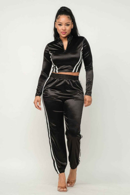 Front Zip Up Stripes Detail Jacket And Pants Set – black, fashion, women style
